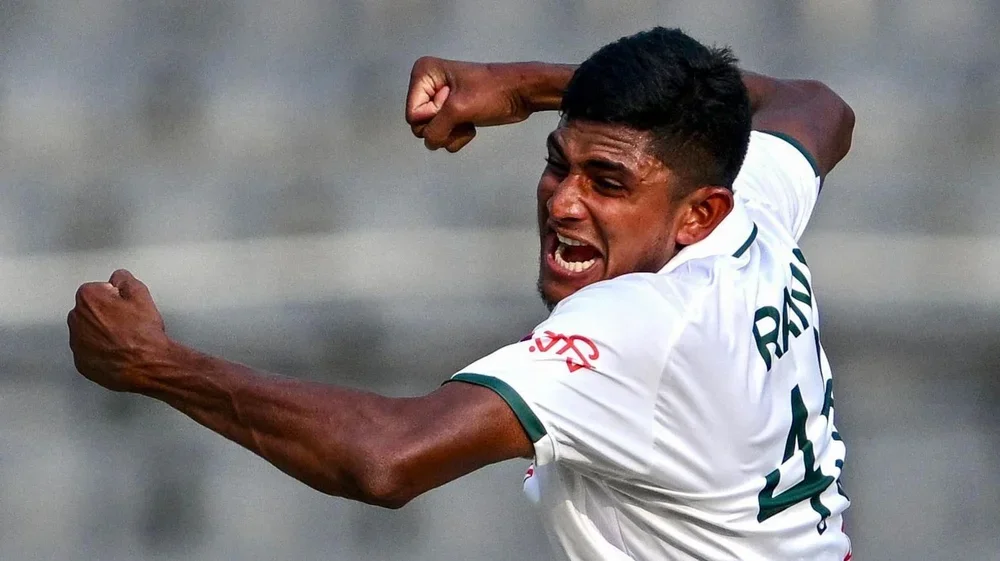 Bangladesh fast bowler Nahid Rana celebrates after taking a wicket against Pakistan